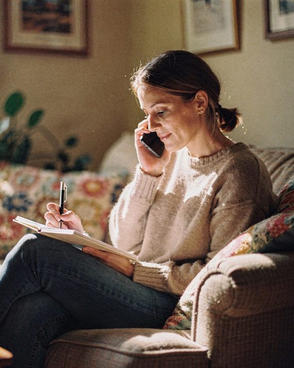 A woman taking notes during a phone call at home