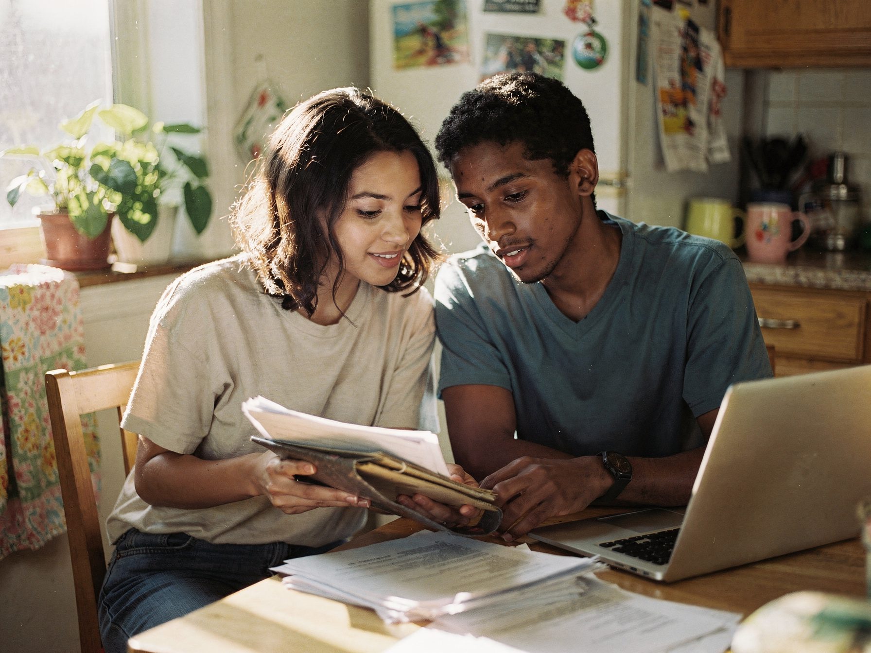 A young couple reviewing paperwork together at their kitchen table