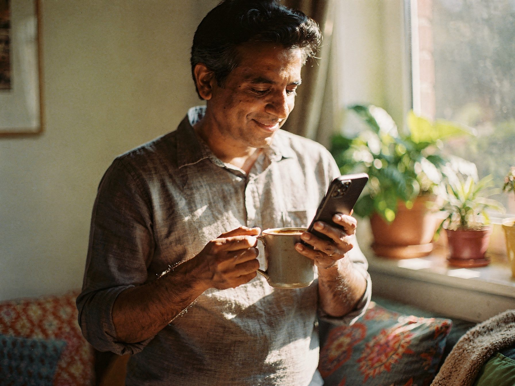 A man smiling as he reads a message on his phone at home